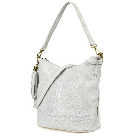 Torebka Skórzana Zamszowa Croco Listonoszka 2 Paski Jasna Szara Beltimore W13 : Kolory - Szary, Srebrny