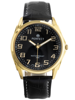 ZEGAREK MĘSKI CZARNY PASEK SKÓRZANY ZŁOTA KOPERTA PERFECT C414-07