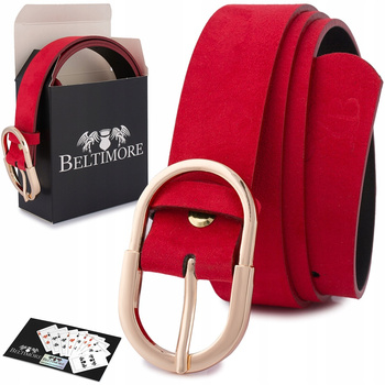 Skórzany Pasek Damski Do Spodni Sukienki Czerwony Skóra Nat. Zamszowa 3 Cm Beltimore E51 : Kolory - Czerwony, Rozmiar Pasków - R.80-95 Cm