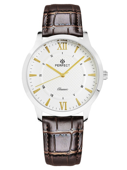 Zegarek Męski PERFECT C460-3 Brązowy pasek skórzany Biała tarcza