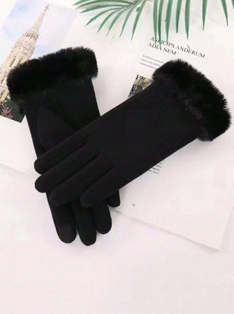 RĘKAWICZKI DAMSKIE CZARNE OCIEPLANE ZIMOWE Z FUTERKIEM DO TELEFONU MODNE