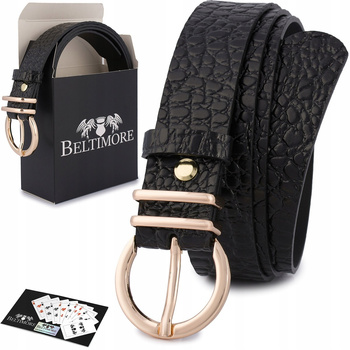 Skórzany Pasek Damski Do Spodni Sukienki Skóra Croco Czarna 3 Cm Beltimore E55 : Kolory - Czarny, Rozmiar Pasków - R.80-95 Cm