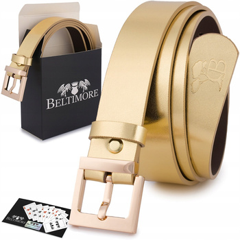 Skórzany Pasek Damski Do Spodni Sukienki Złoty Skóra Nat 3 Cm Beltimore D74 : Kolory - Żółty, Złoty, Rozmiar Pasków - R.95-110 Cm