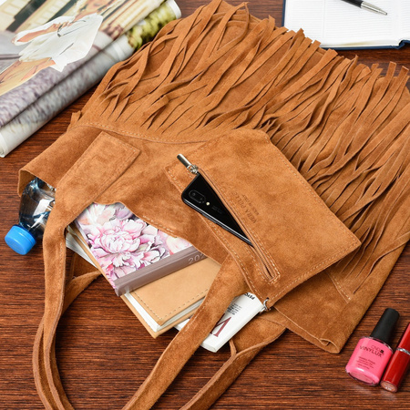 Camel Torebka Damska Skórzana Zamszowa A4 Frędzel Duża L83 : Kolory - Brązowy, Beżowy