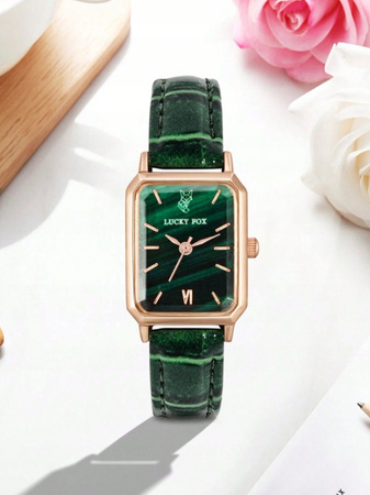 DAMSKI ZEGAREK SKÓRZANY PASEK ZIELONY KWARCOWY MODNY ELEGANCKI LUCKYFOX