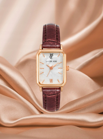 ZEGAREK DAMSKI BRĄZOWY PASEK SKÓRZANY PROSTOKĄTNA TARCZA ZŁOTY LUCKYFOX