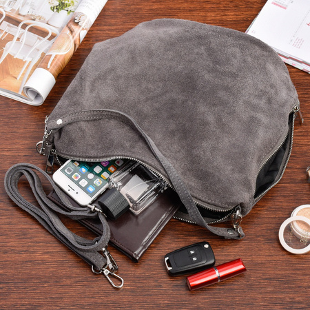 Skórzana Listonoszka Damska Zamszowa Na Ramię Włoska Torebka Vera Pelle Szara W17 : Kolory - Szary, Srebrny