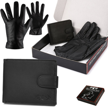Zestaw Męski Skórzany Portfel Poziomy Rękawiczki Czarne Beltimore T89 : Kolory - Czarny, Rozmiar Rękawiczek - S/m