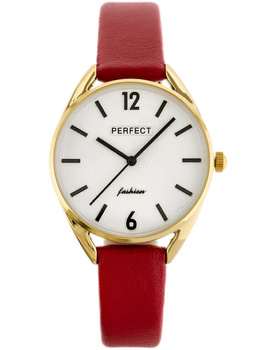ZEGAREK DAMSKI PERFECT E347 Czerwony pasek skórzany Biała tarcza + BOX