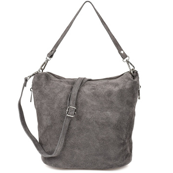 Skórzana Listonoszka Damska Zamszowa Na Ramię Włoska Torebka Vera Pelle Szara W17 : Kolory - Szary, Srebrny