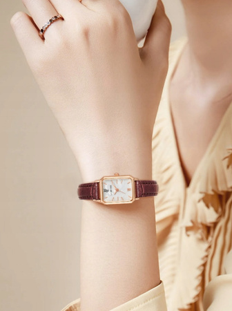 ZEGAREK DAMSKI BRĄZOWY PASEK SKÓRZANY PROSTOKĄTNA TARCZA ZŁOTY LUCKYFOX