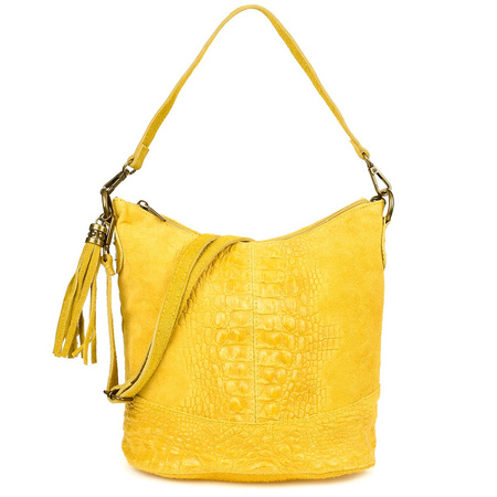 Torebka Skórzana Zamszowa Croco Listonoszka 2 Paski Żółta Beltimore W13 : Kolory - Żółty, Złoty