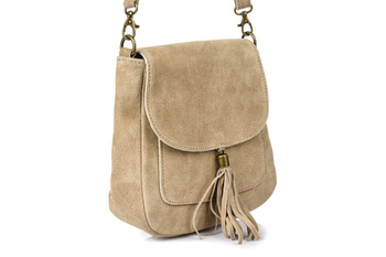 Beżowa Skórzana Damska Zamszowa Listonoszka Z Klapą X40 : Kolory - Brązowy, Beżowy