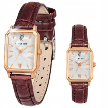 ZEGAREK DAMSKI BRĄZOWY PASEK SKÓRZANY PROSTOKĄTNA TARCZA ZŁOTY LUCKYFOX