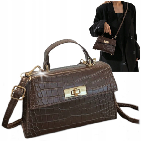 Damska torebka Listonoszka Ciemno brązowa skóra Kuferek na pasku uchwyt D11