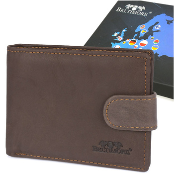 Portfel Męski Skórzany Brązowy Poziomy Z Zapinką Pojemny Beltimore Rfid I46 : Kolory - Brązowy, Beżowy