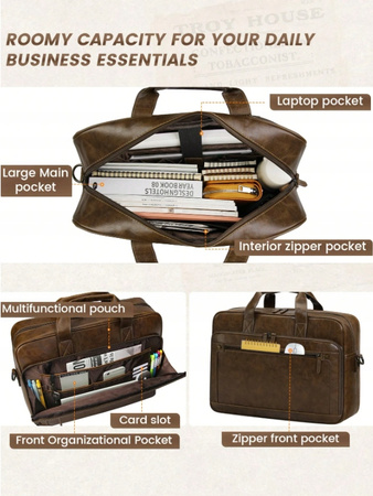 TORBA MĘSKA NA LAPTOPA 15,6" SKÓRZANA BRĄZOWA NA RAMIĘ DOKUMENTY EKO Z03