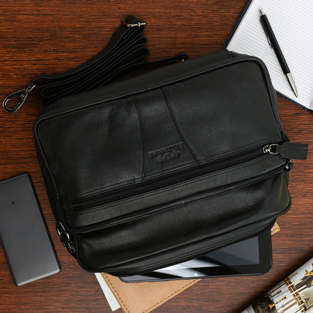 Torba męska skórzana czarna Pozioma Trzykomorowa do pracy Beltimore Q69