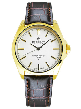Zegarek Męski PERFECT C081-3 Brązowy pasek skórzany Biała tarcza