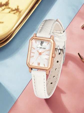 ZEGAREK DAMSKI NA BIAŁYM PASKU SKÓRZANYM PROSTOKĄTNA TARCZA MODNY LUCKYFOX