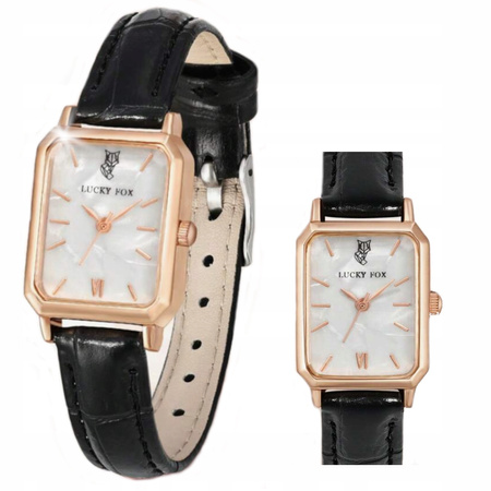 ZEGAREK DAMSKI CZARNY PASEK SKÓRZANY PROSTOKĄTNA TARCZA LUCKYFOX DLA NIEJ