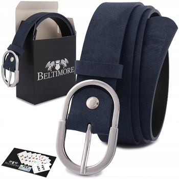 Skórzany Pasek Damski Do Spodni Sukienki Granatowy Skóra Nat. Zamszowa 3 Cm Beltimore D98 : Kolory - Granatowy, Rozmiar Pasków - R.105-120 Cm