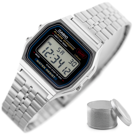 ZEGAREK MĘSKI CASIO A159W-N1DF - KLASYKA Cyfrowy srebrna bransoleta + BOX