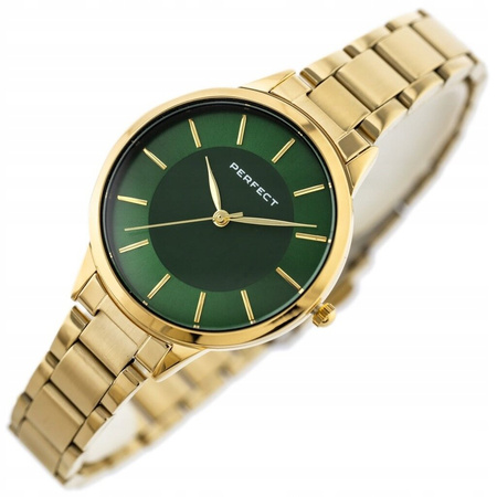 Zegarek damski Złota bransoleta Zielona tarcza PERFECT S359-07  + BOX