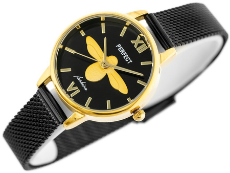 ZEGAREK DAMSKI PERFECT S639 - WAŻKA Czarna bransoleta siatka czarna tarcza + BOX