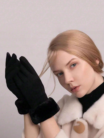 RĘKAWICZKI DAMSKIE CZARNE OCIEPLANE ZIMOWE Z FUTERKIEM DO TELEFONU MODNE
