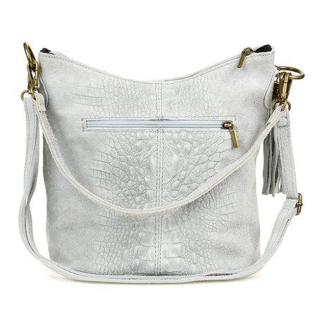 Torebka Skórzana Zamszowa Croco Listonoszka 2 Paski Jasna Szara Beltimore W13 : Kolory - Szary, Srebrny