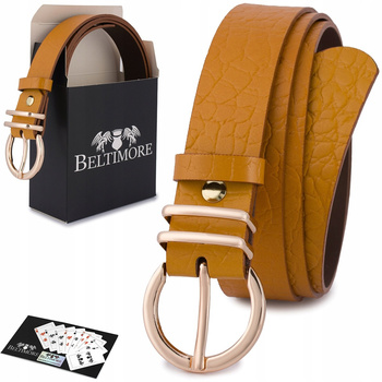 Skórzany Pasek Damski Do Spodni Sukienki Skóra Croco Żółty 3 Cm Beltimore E57 : Kolory - Żółty, Złoty, Rozmiar Pasków - R.80-95 Cm