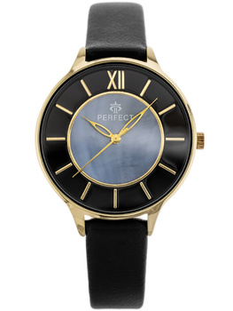 ZEGAREK DAMSKI PERFECT E346-5 Kwarcowy czarny pasek skórzany + BOX