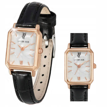 ZEGAREK DAMSKI CZARNY PASEK SKÓRZANY PROSTOKĄTNA TARCZA LUCKYFOX DLA NIEJ