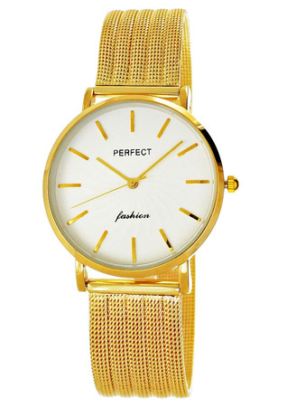 Zegarek Damski PERFECT F334-5 Złota bransoleta siatkowa mesh Biała tarcza
