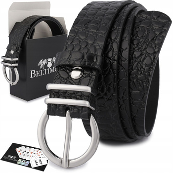 Skórzany Pasek Damski Do Spodni Sukienki Skóra Croco Czarna 3 Cm Beltimore E54 : Kolory - Czarny, Rozmiar Pasków - R.90-105 Cm