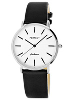 Zegarek Damski PERFECT E334-3 Czarny pasek skórzany Biała tarcza PREZENT DLA NIEJ