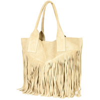 Beżowa Torebka Damska Skórzana Zamszowa A4 Frędzel Duża L83 : Kolory - Brązowy, Beżowy