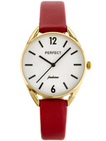 ZEGAREK DAMSKI PERFECT E347 Czerwony pasek skórzany Biała tarcza + BOX