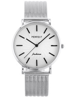 ZEGAREK DAMSKI PERFECT E334 - Srebrna bransoleta siatka Biała tarcza + BOX