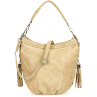 Beżowa Torebka Damska Skórzana Worek Frędzel A5 Modna L81 : Kolory - Brązowy, Beżowy