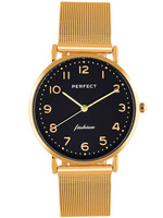 Zegarek Damski PERFECT F332-4 Złota bransoleta mesh siatkowa czarna tarcza + BOX
