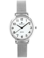 ZEGAREK DAMSKI PERFECT F103-1 Srebrna bransoleta mesh Biała tarcza Fashion + BOX